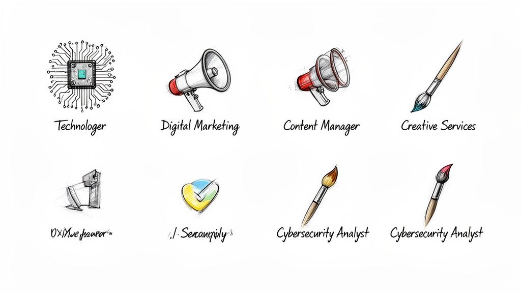 Eight hand-drawn icons with text labels depicting various career roles like Technologer, Digital Marketing, and Creative Services.