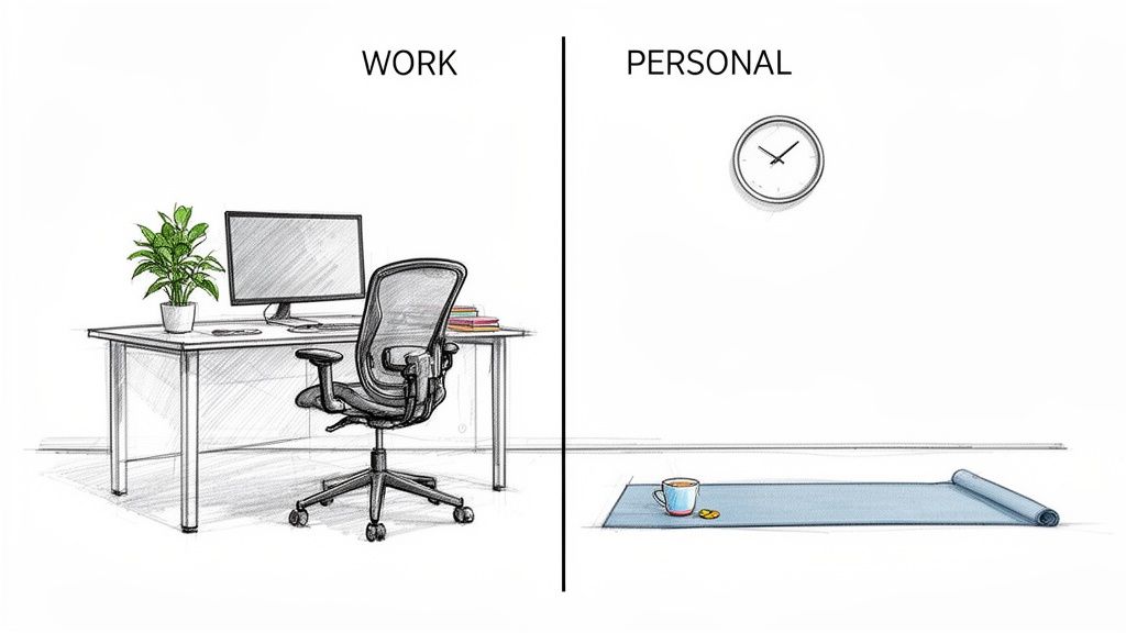 Work-life balance shown by an office desk setup and a personal yoga mat with tea.