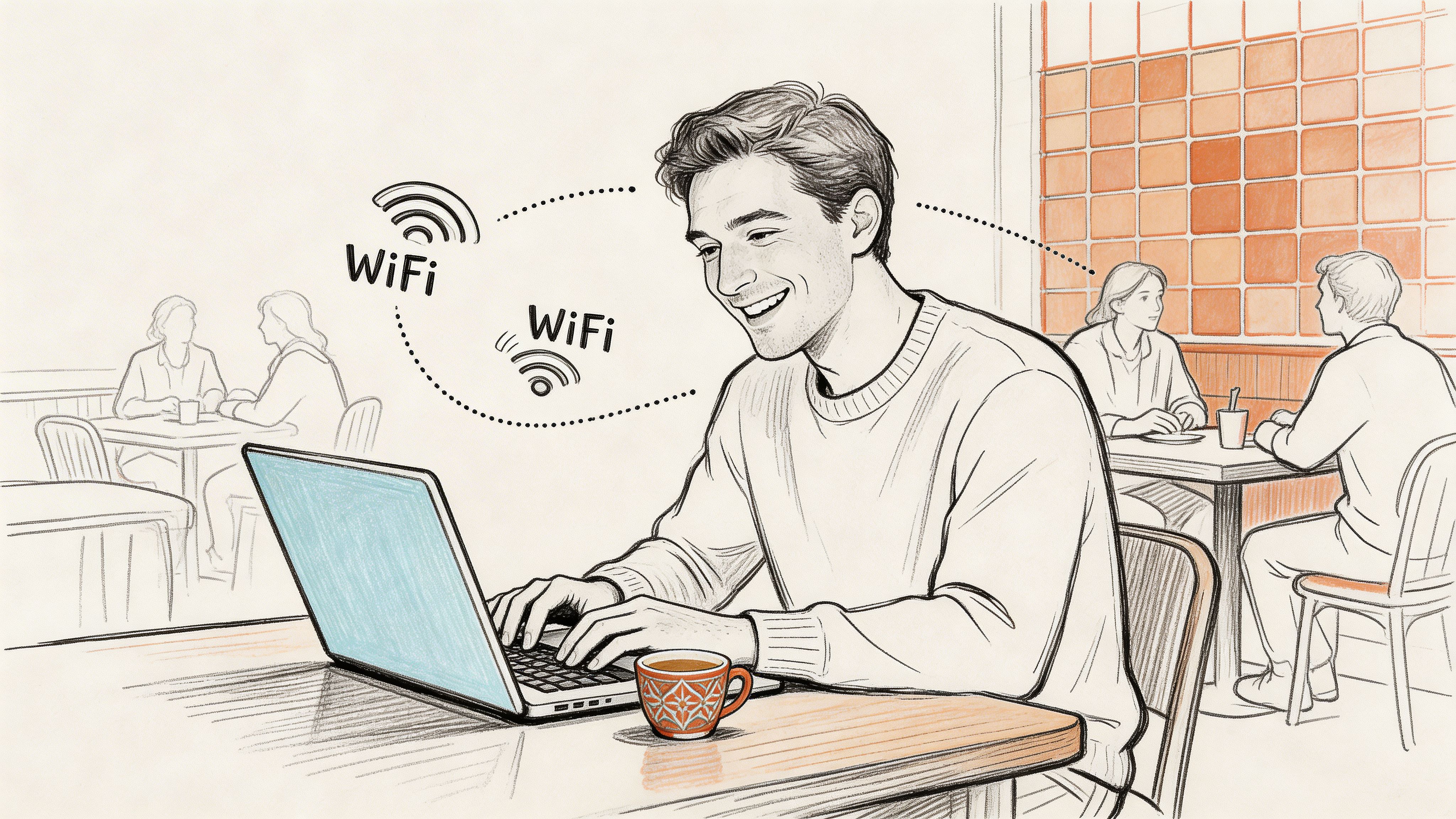 A smiling man typing on a laptop at a cafe table with a cup of coffee.