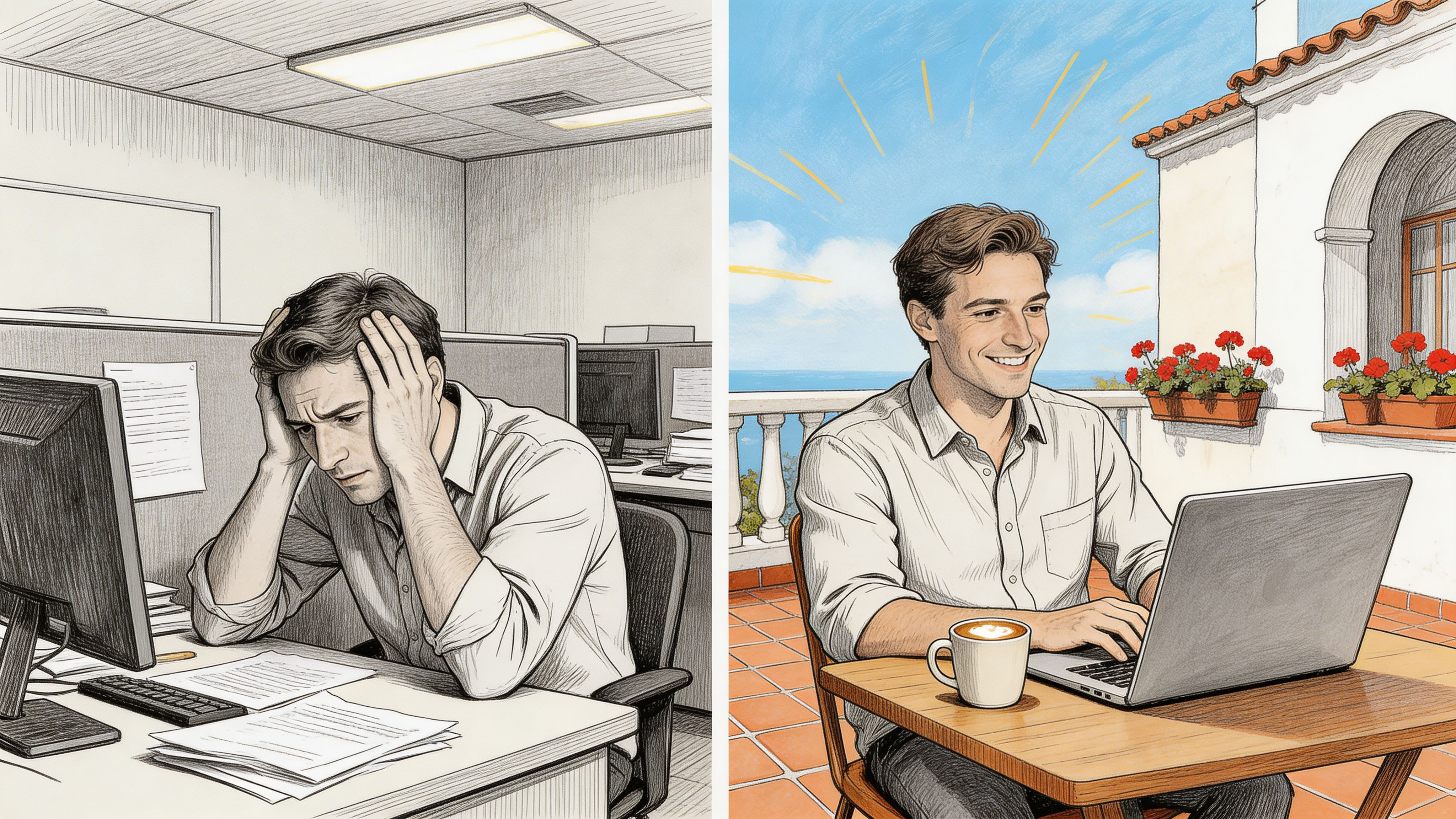 A split screen comparing a stressed man working in a dull office and a happy man working remotely.