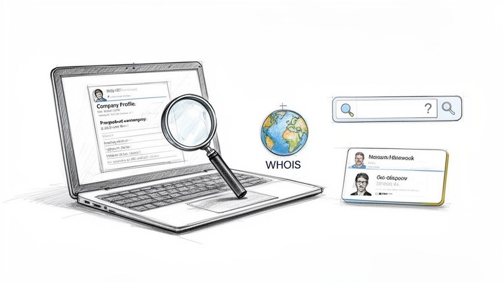 Sketch of laptop showing company profile, magnifying glass, WHOIS globe, and search bar for online investigation.