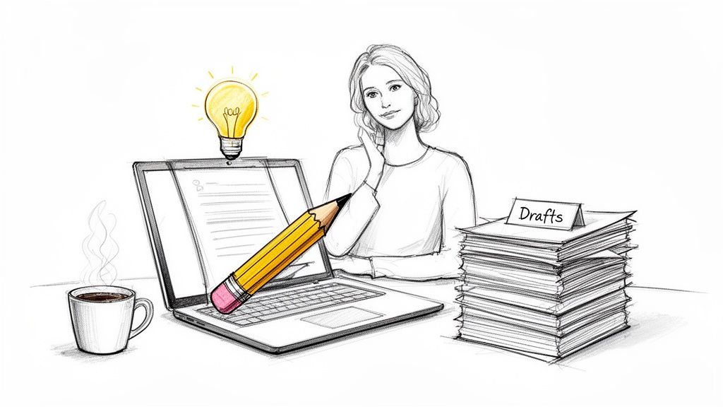 An illustration of a woman working at a laptop with a bright idea, coffee, and drafts.