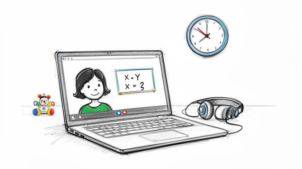 A sketch of a laptop showing an online lesson with a girl and math problems, alongside headphones, a clock, and a toy.
