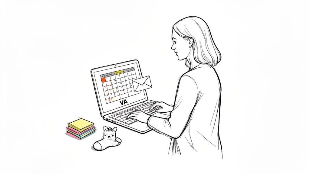 A woman uses a laptop displaying a calendar and email icon, with sticky notes and a toy on her desk.