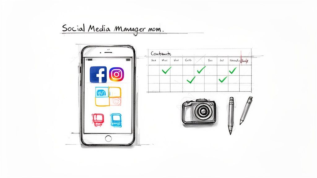 A sketch of a social media manager’s tools: smartphone with apps, content schedule, camera, and pens.