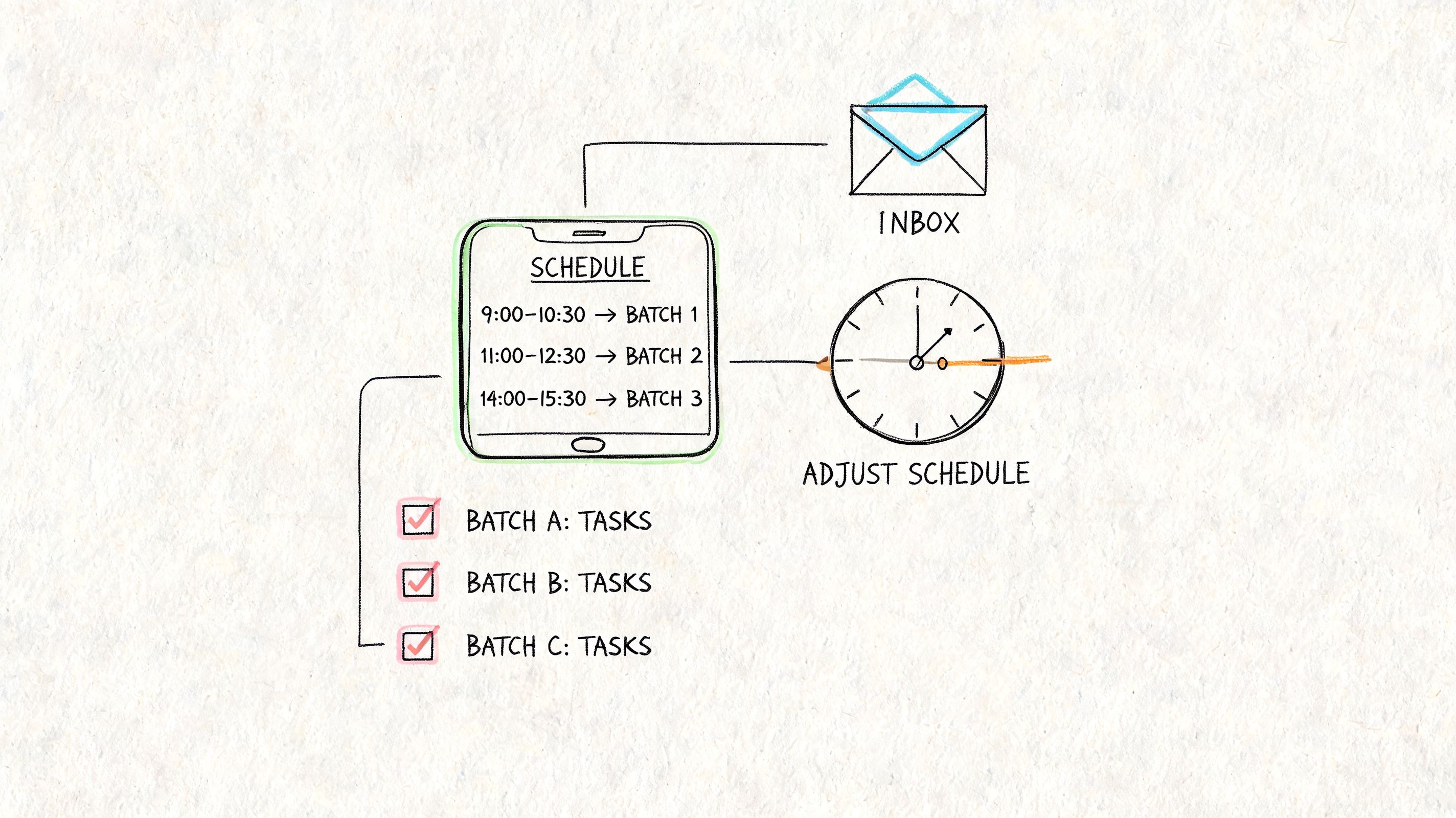 A hand-drawn illustration showing a schedule, an inbox, and a clock for adjusting work batch times.