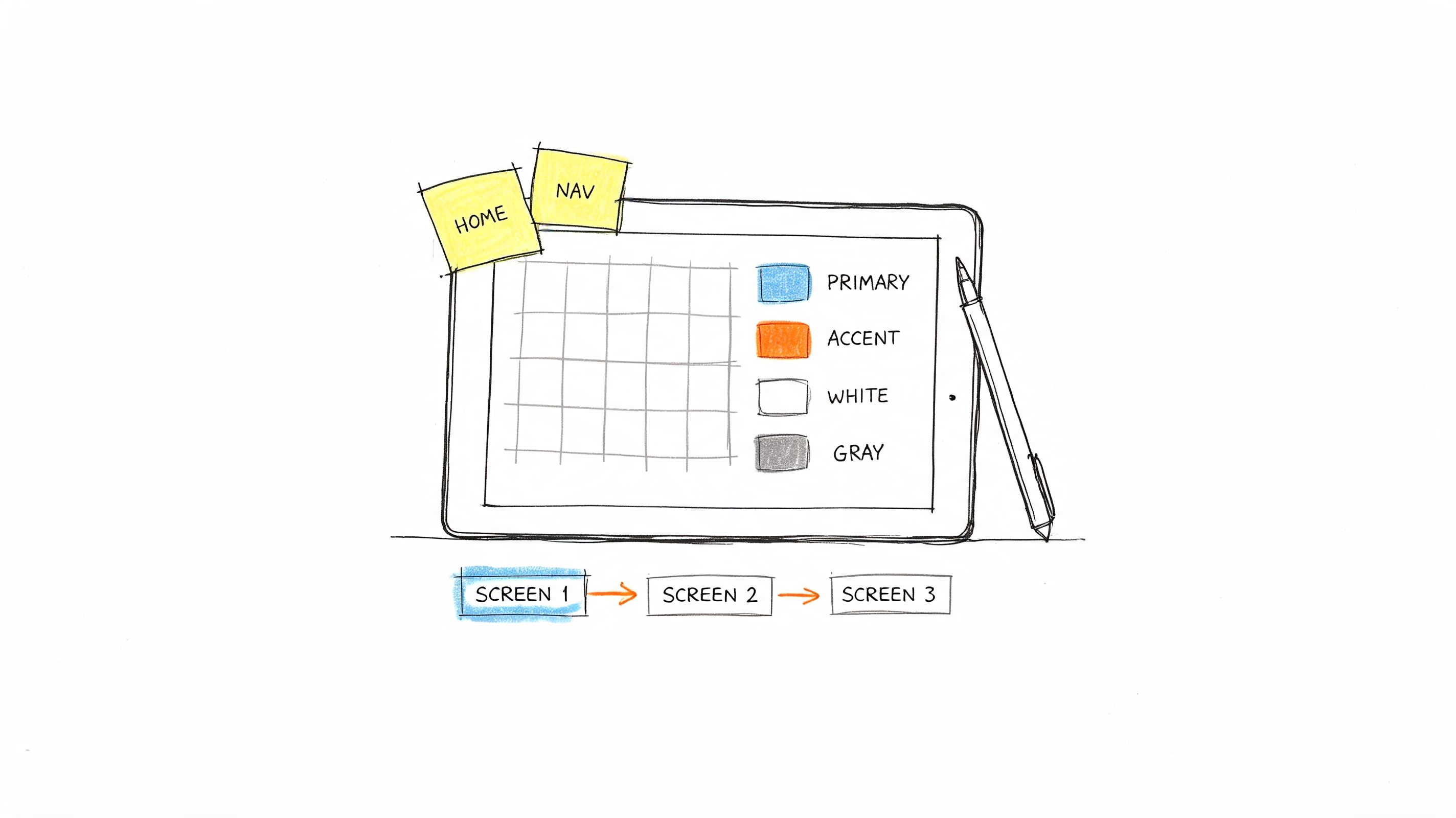 A hand-drawn sketch of a tablet showing app UI design elements, a color palette, and user flow screens.