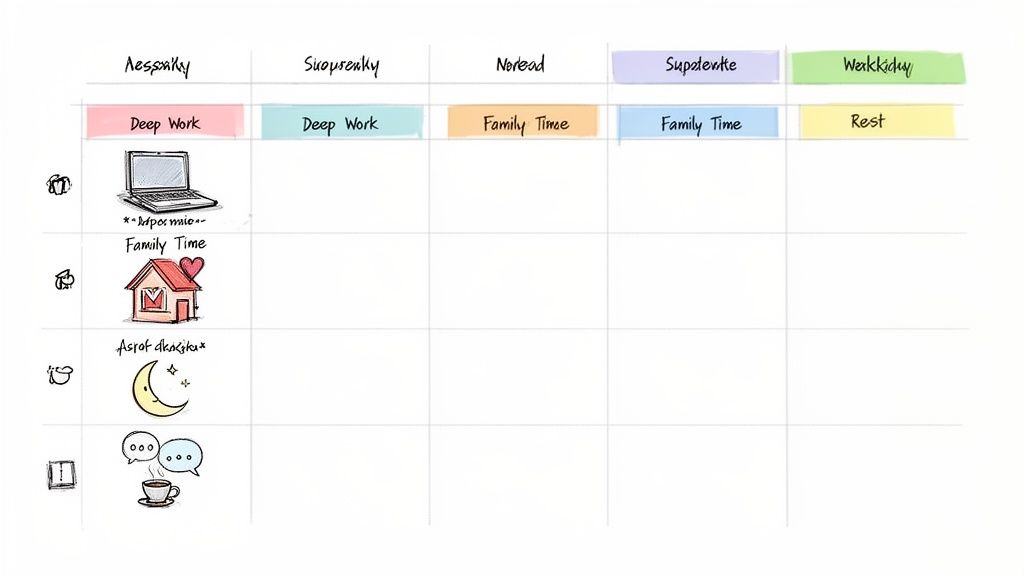 A daily planner grid illustrating work and personal activities with icons for deep work, family time, and rest.