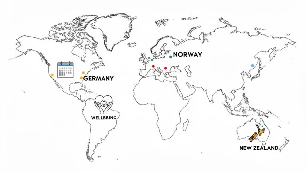 World map illustrating global locations related to Germany, Norway, New Zealand, wellbeing, and a calendar icon.