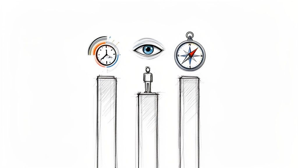 Hand-drawn icons of a clock, eye, and compass above pillars, representing time, vision, and direction.