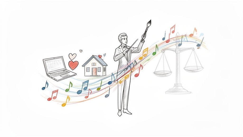Sketch of a person balancing work, home, love, creativity, and justice with flowing musical notes.
